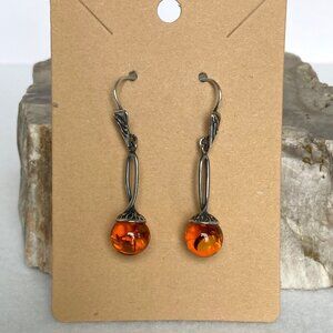 Artisan Sterling Silver 925 Round Baltic Amber Dangle Drop Earrings